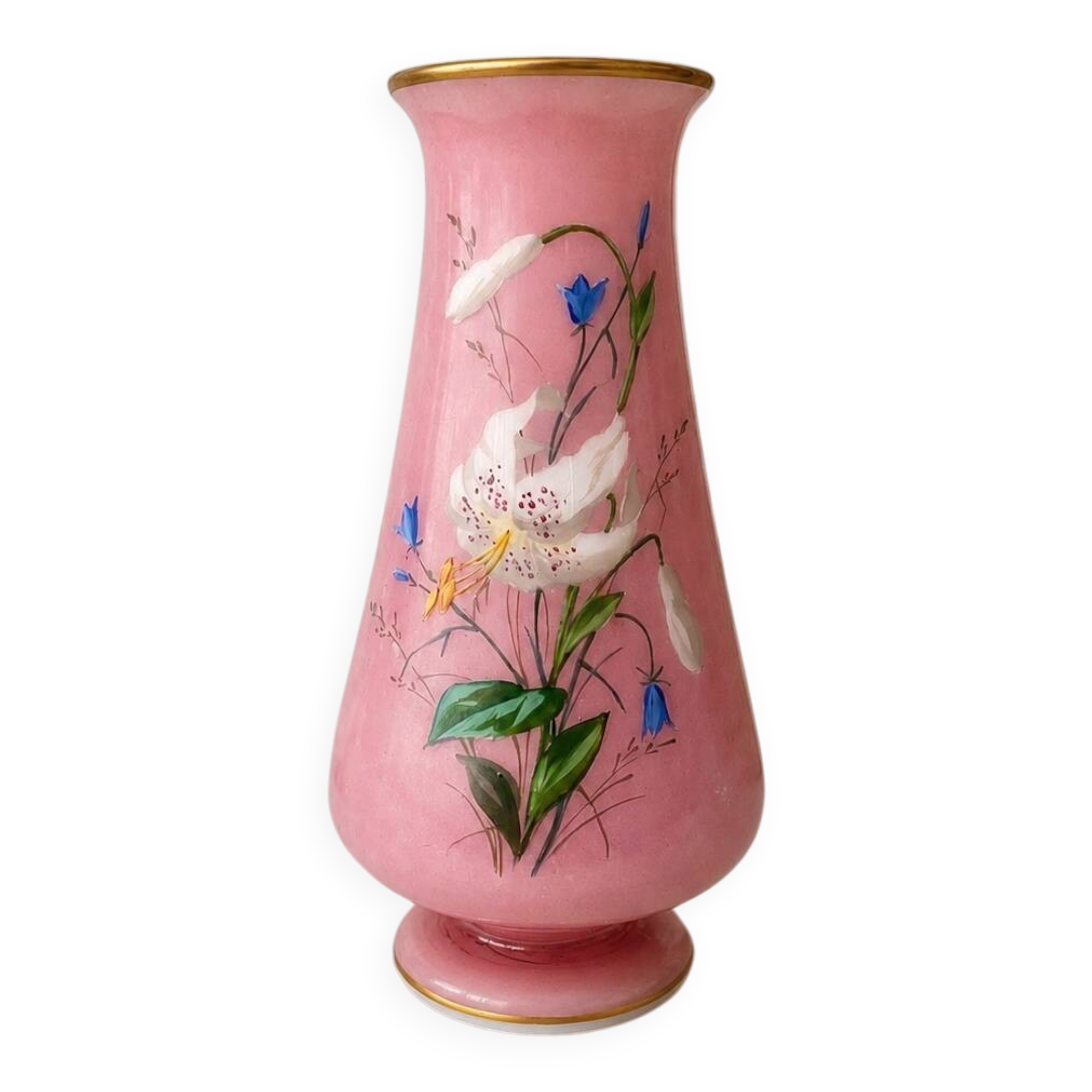 Antique pink opaline vase with floral decoration.