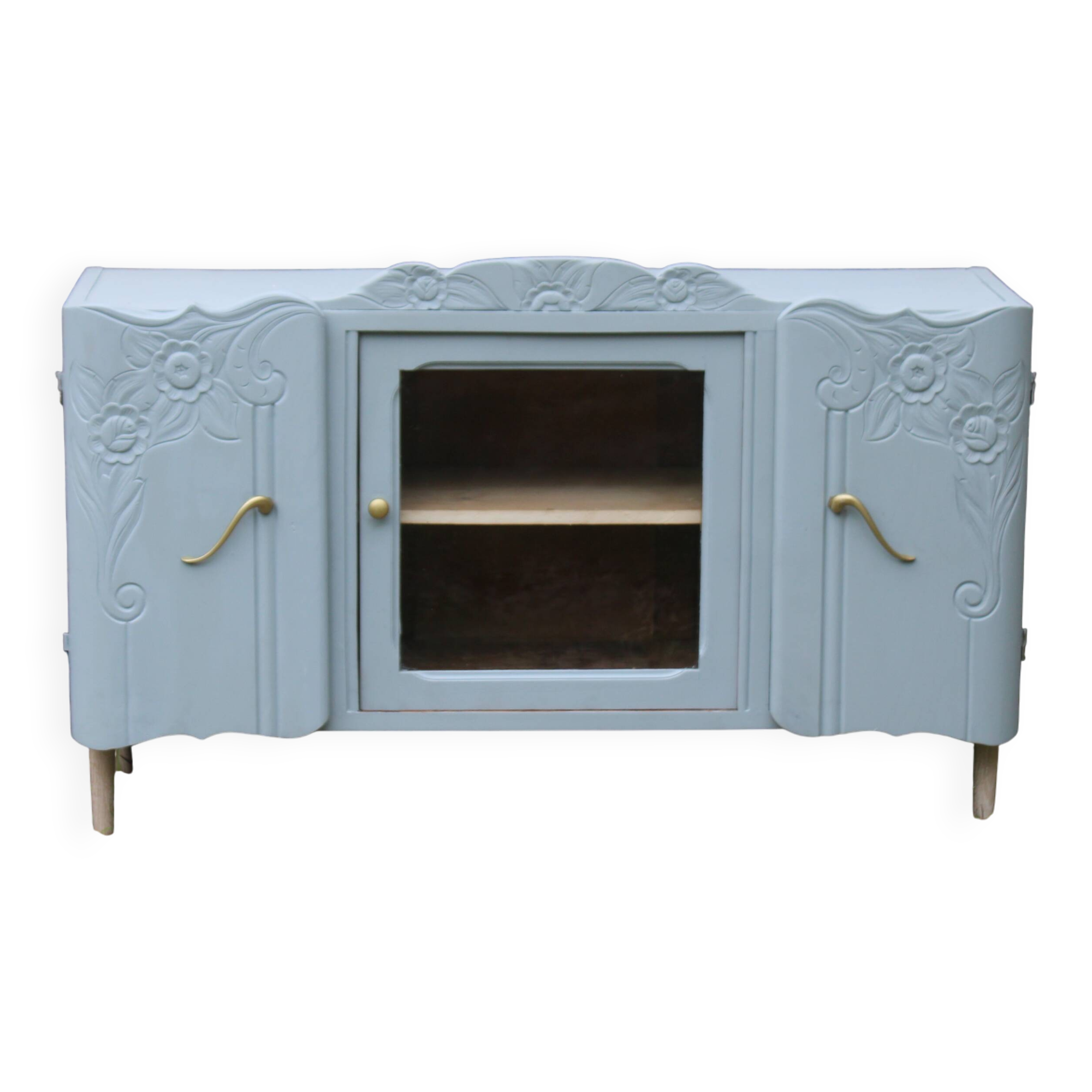 Renovated vintage low sideboard - Unique piece of furniture with floral moldings