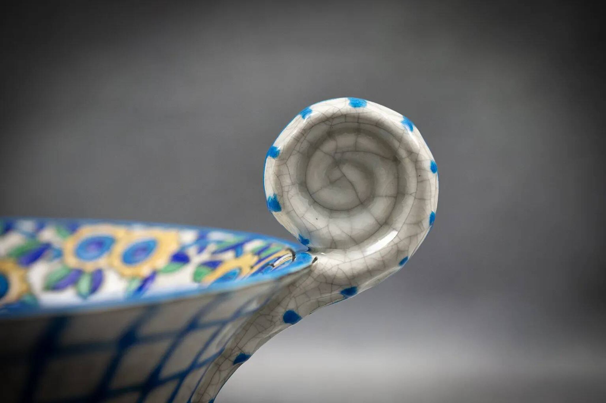 Longwy enamel bowl with handles – Art Deco floral decoration, 1930s