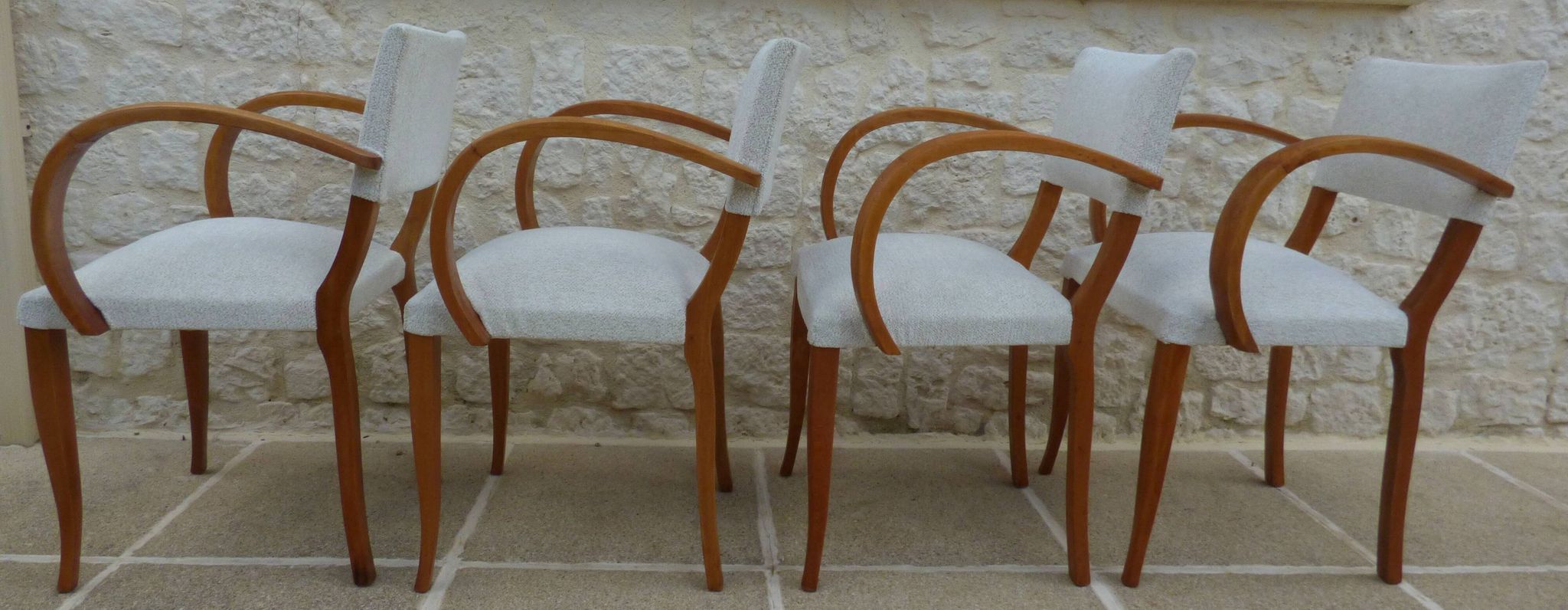 Fauteuils bridges chic année 50 en bois massif   blanc beige cousus main