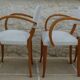 Chic 1950s bridge chairs in solid wood, white and beige, hand-stitched.