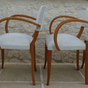 Fauteuils bridges chic année 50 en bois massif   blanc beige cousus main