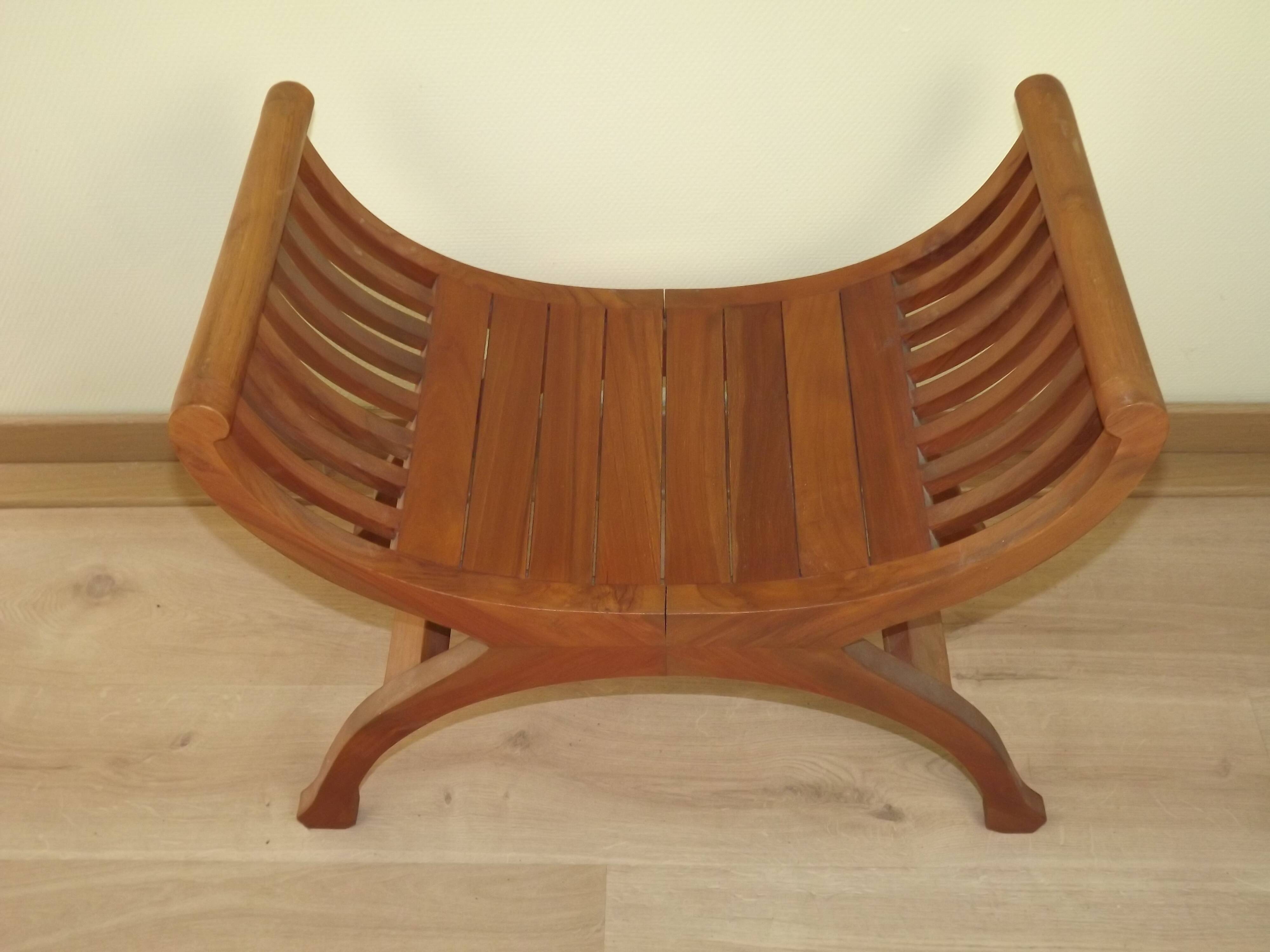 Solid Wood Curule Stool Vintage French Curved Slatted Seat Mid Century