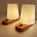 Paire de lampes scandinaves vintage, bois et verre