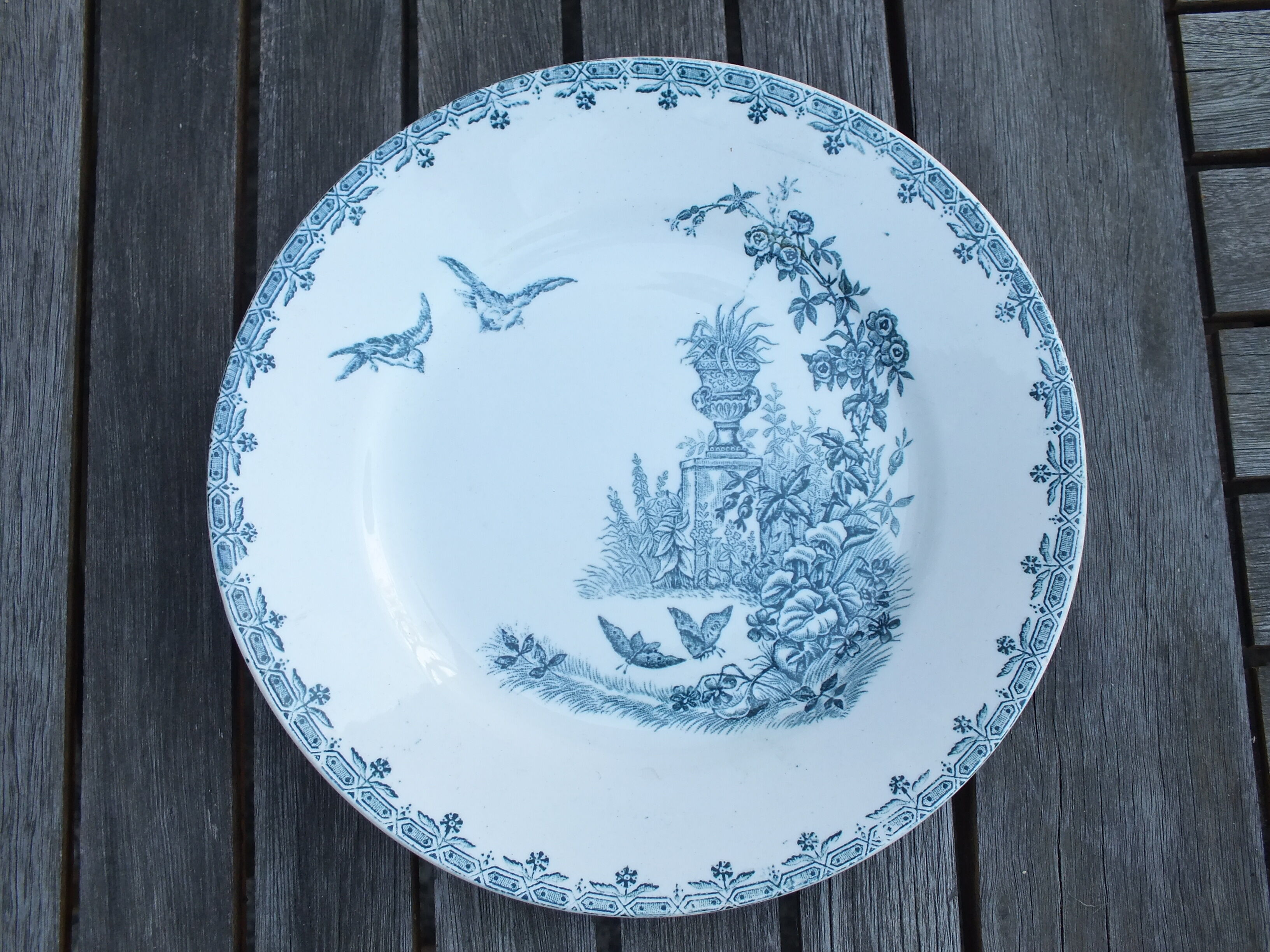 Duo of old plates in Iron Earth decorated with birds and butterflies