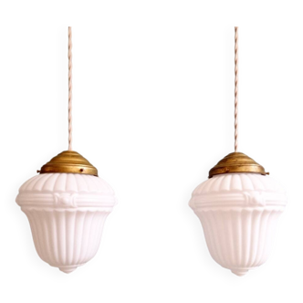 Pair of Art Deco pendant lights in pressed white opaline glass, 1920-30