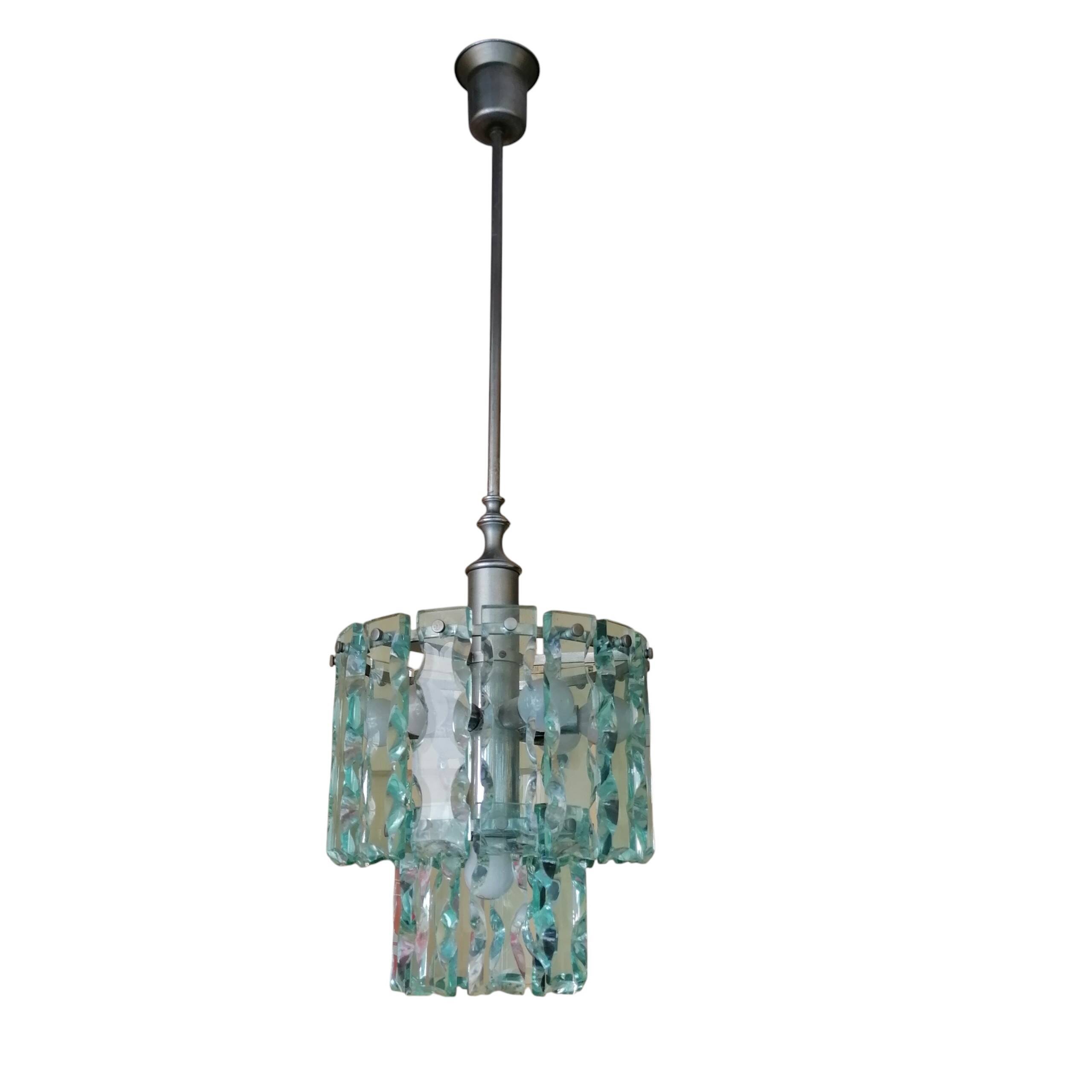 Vintage chandelier in thick, frosted glass, chiseled in the Fontana Arte style.