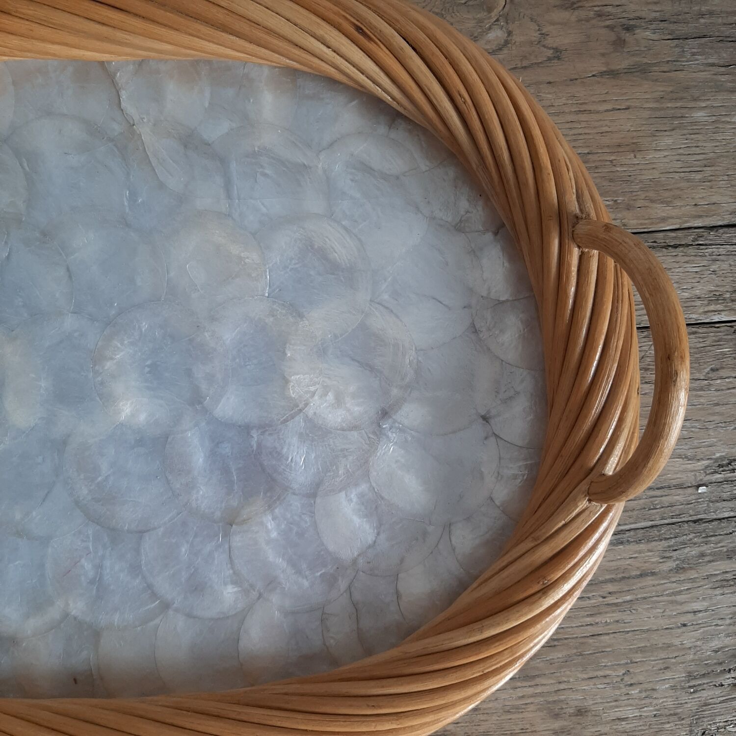 Vintage rattan and mother-of-pearl tray