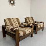 2 vintage 1970s wooden and fabric armchairs
