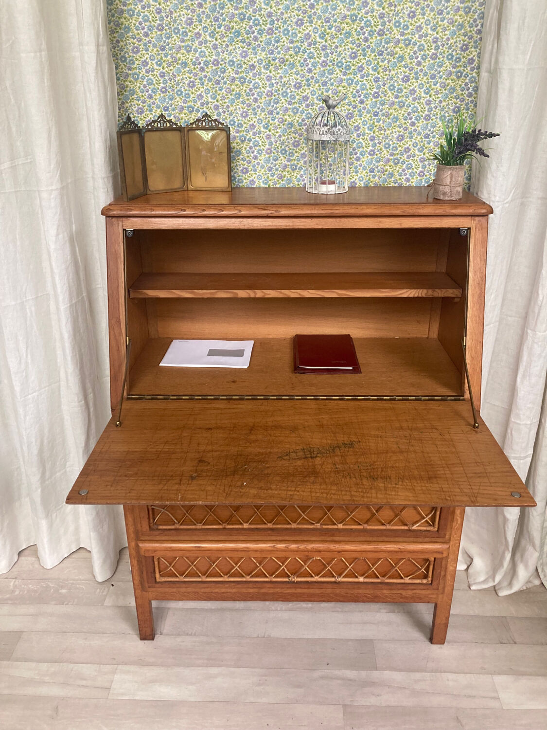 Vintage secretary in wood and rattan