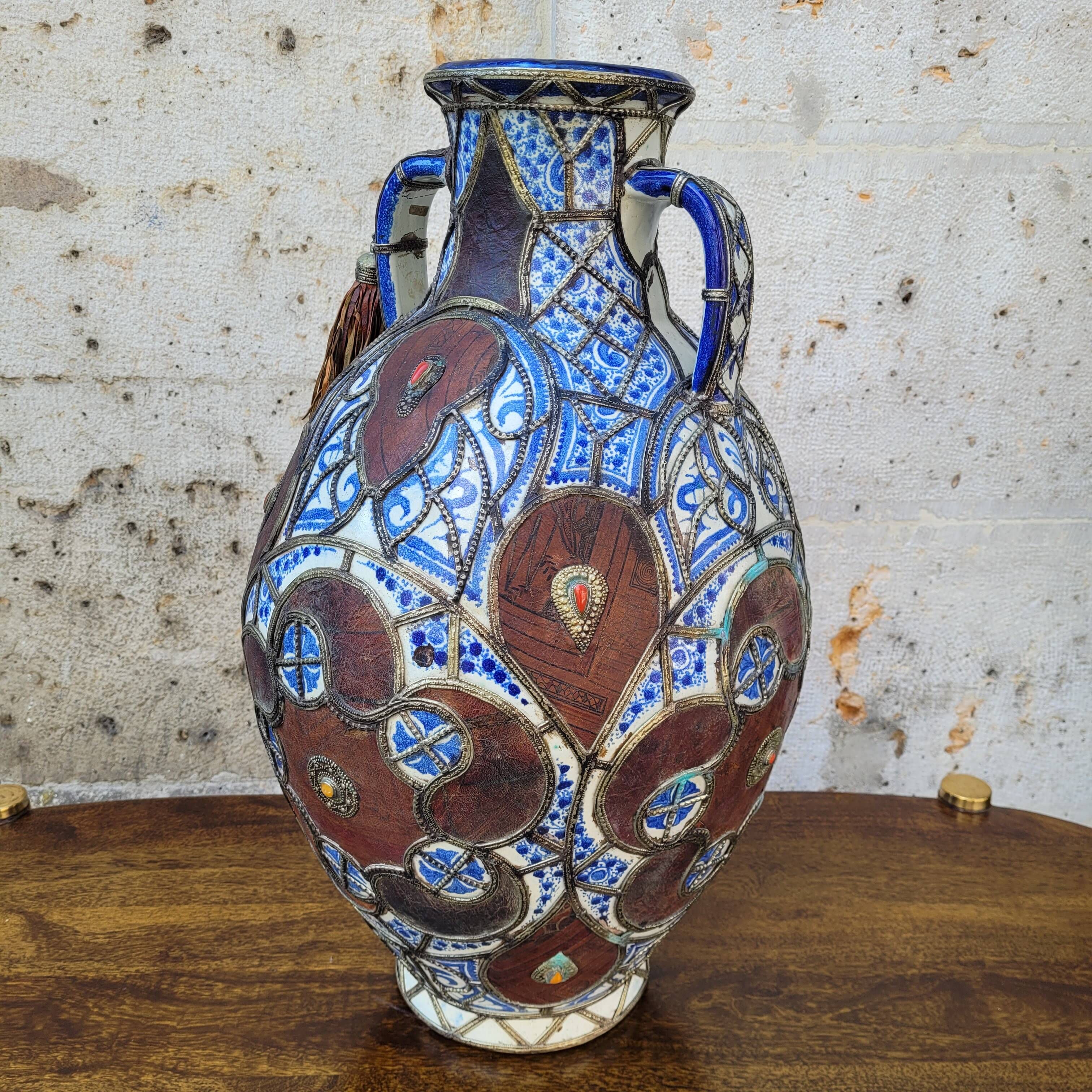 Filigree vase, ceramic, leather, enamel and metal, 19th century - Safi, Morocco