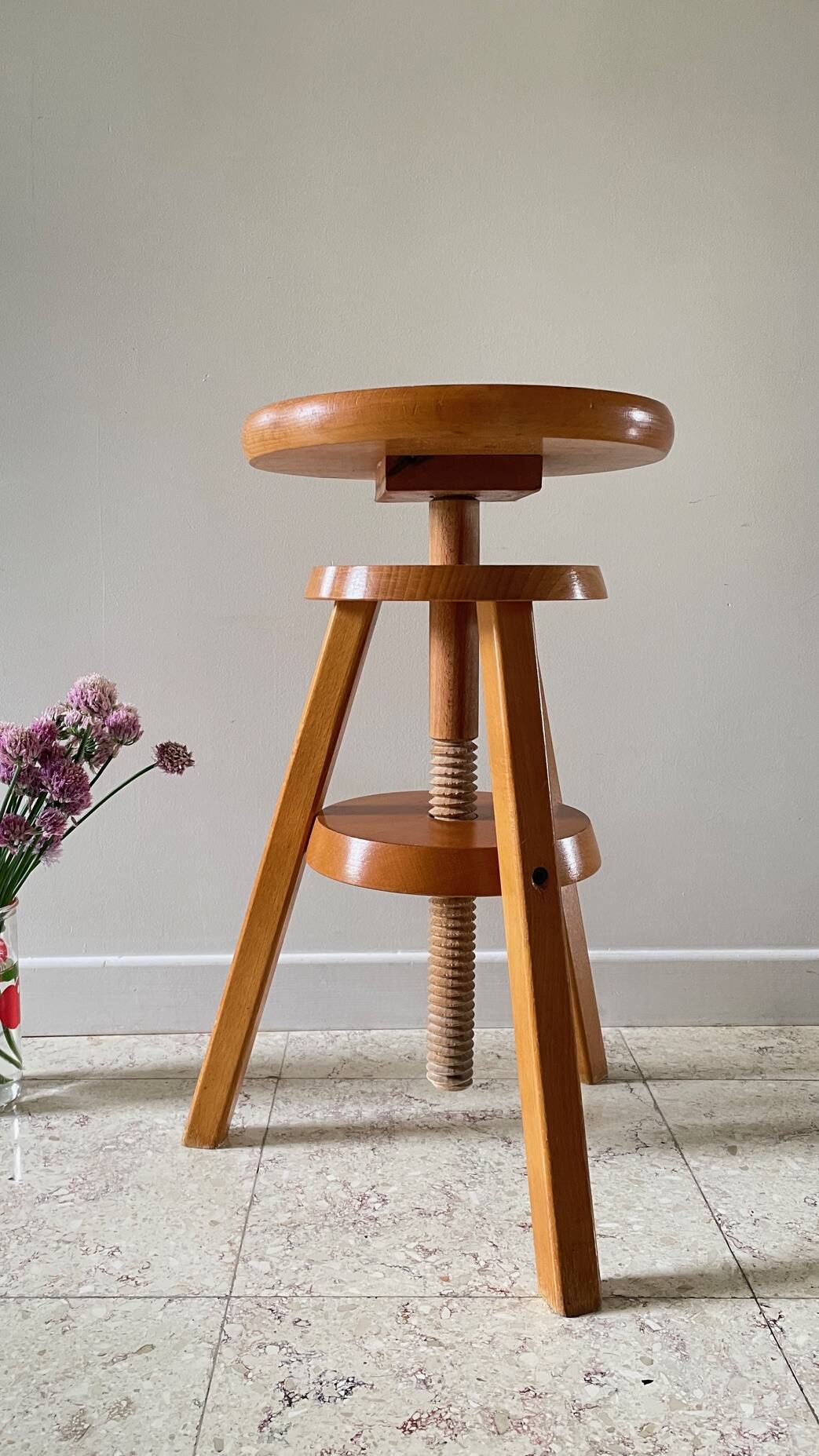 Vintage Solid Beech Screw Stool