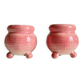 Paire de bougeoirs en ceramique rose années 90