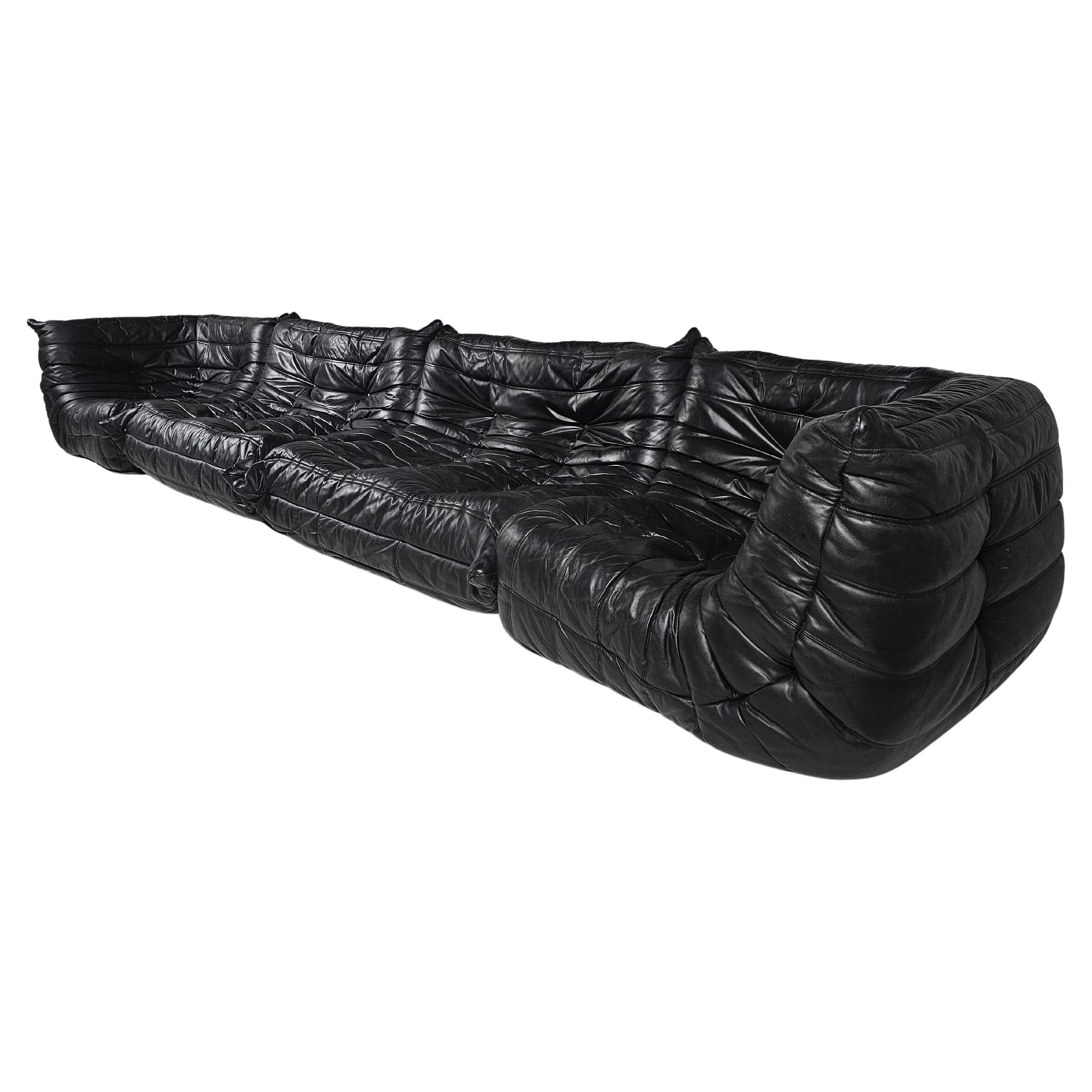 Togo black leather sofa, original, Michel Ducaroy, Ligne Roset, 1980