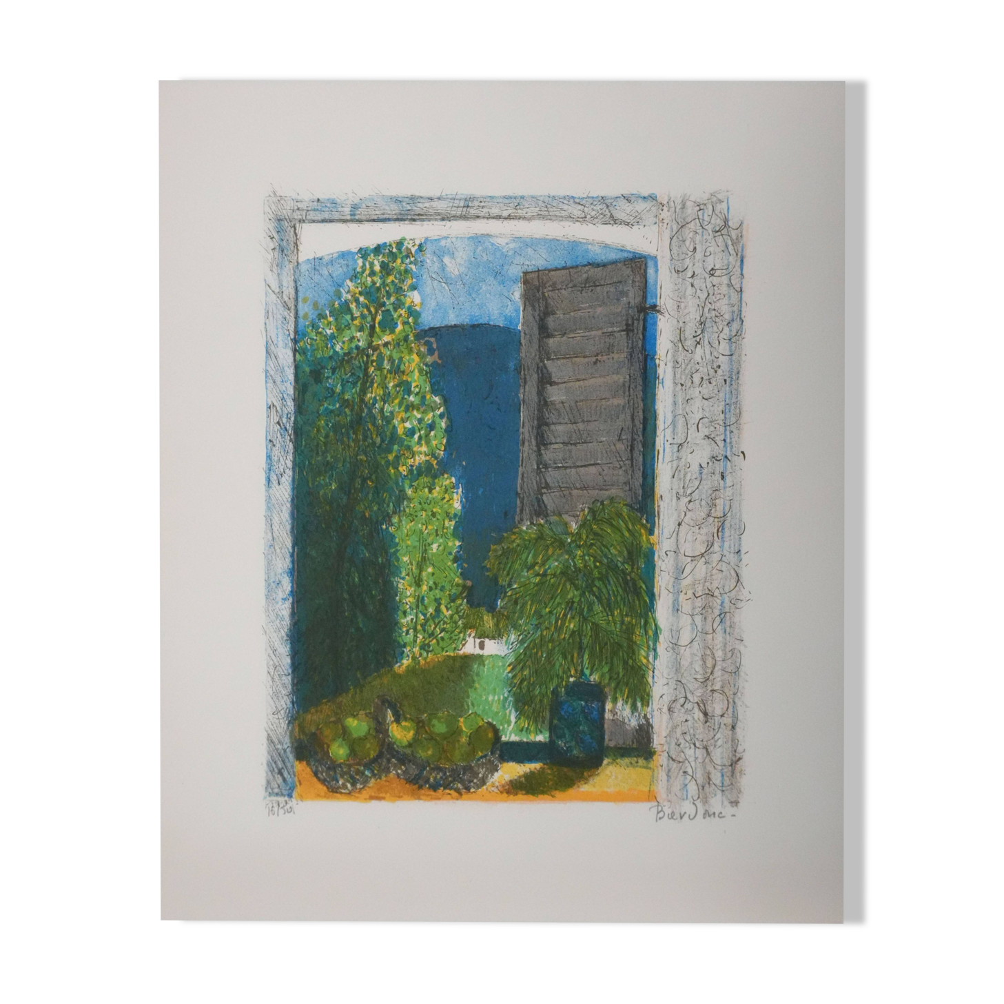 Guy Bardone: Window with Fruits, signed original lithograph.