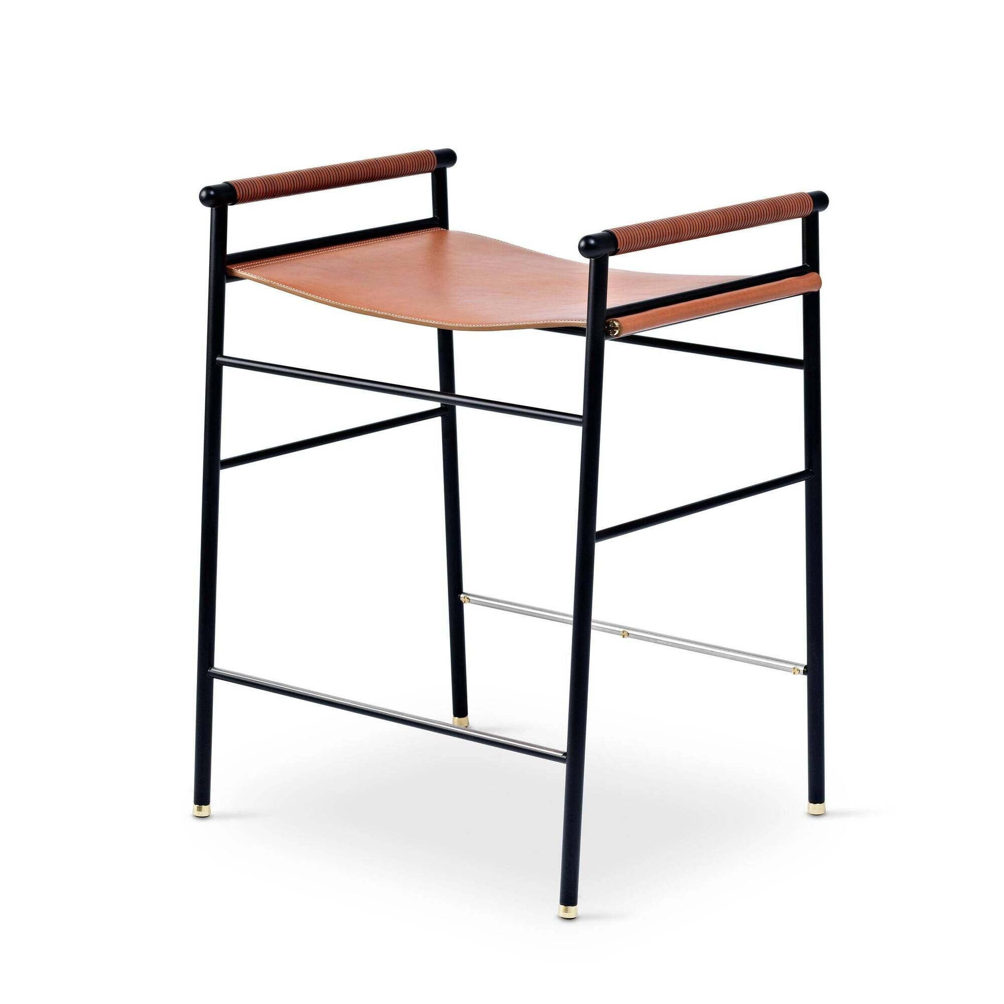 Set of 3 contemporary bar stools in natural brown leather and black rubber.