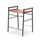 Set of 3 contemporary bar stools in natural brown leather and black rubber.