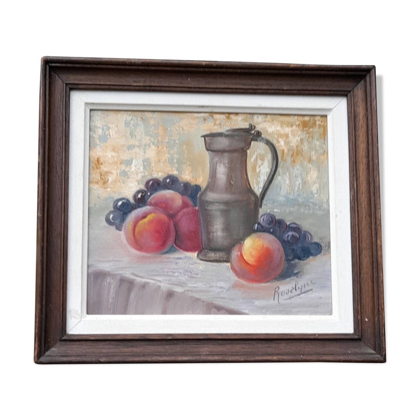 Still life painting with fruit, peach, bunch of grapes and tin pitcher, signed "roselyne"