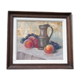 Still life painting with fruit, peach, bunch of grapes and tin pitcher, signed "roselyne"