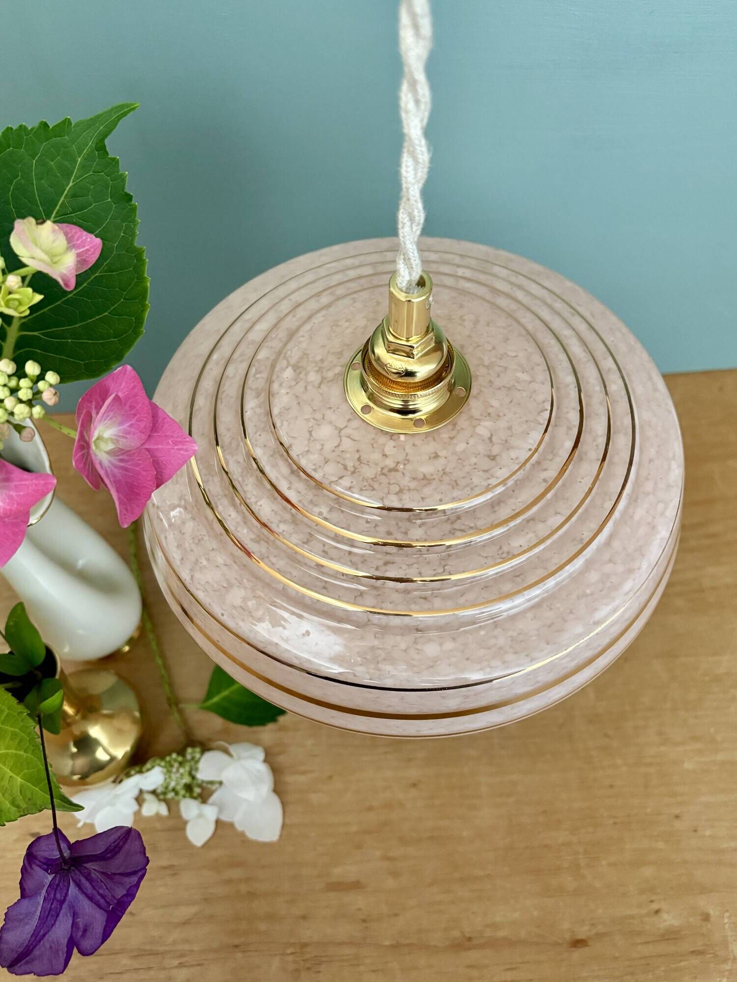 Vintage pendant lampshade in pink Clichy glass with gold trim