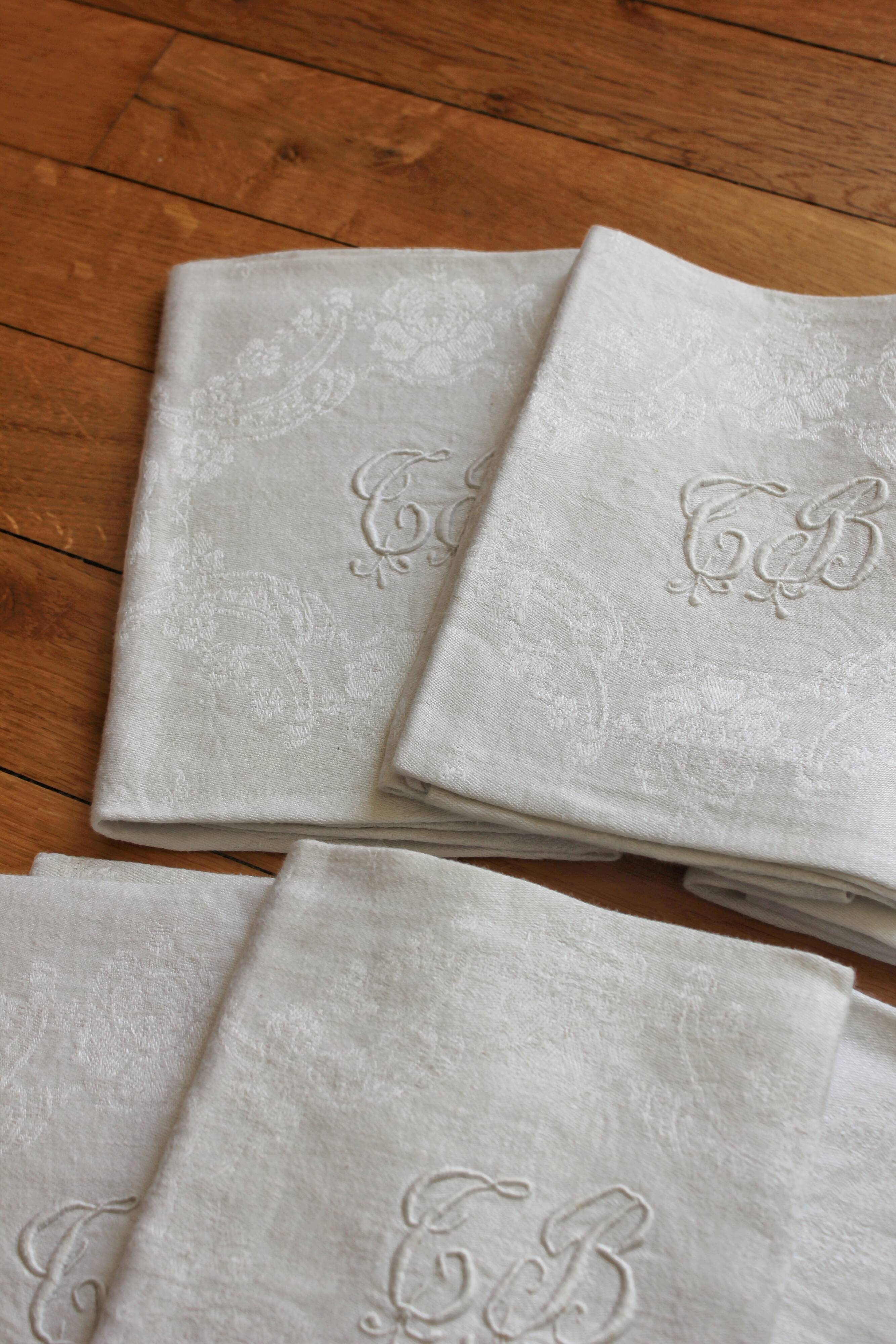 8 antique napkins in monogrammed and damask white linen