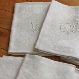 8 antique napkins in monogrammed and damask white linen