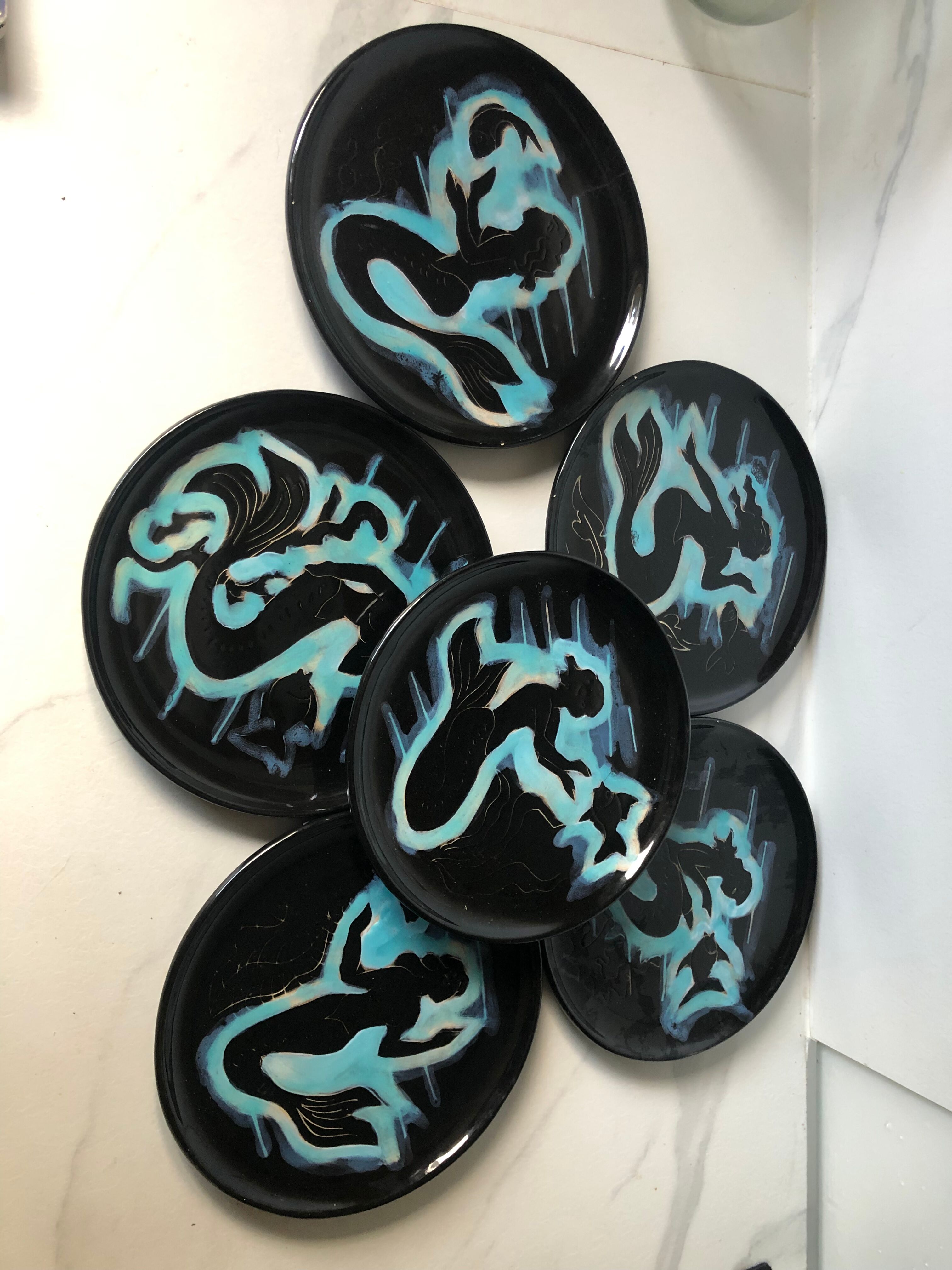 Set of six plates Vallauris the mermaids