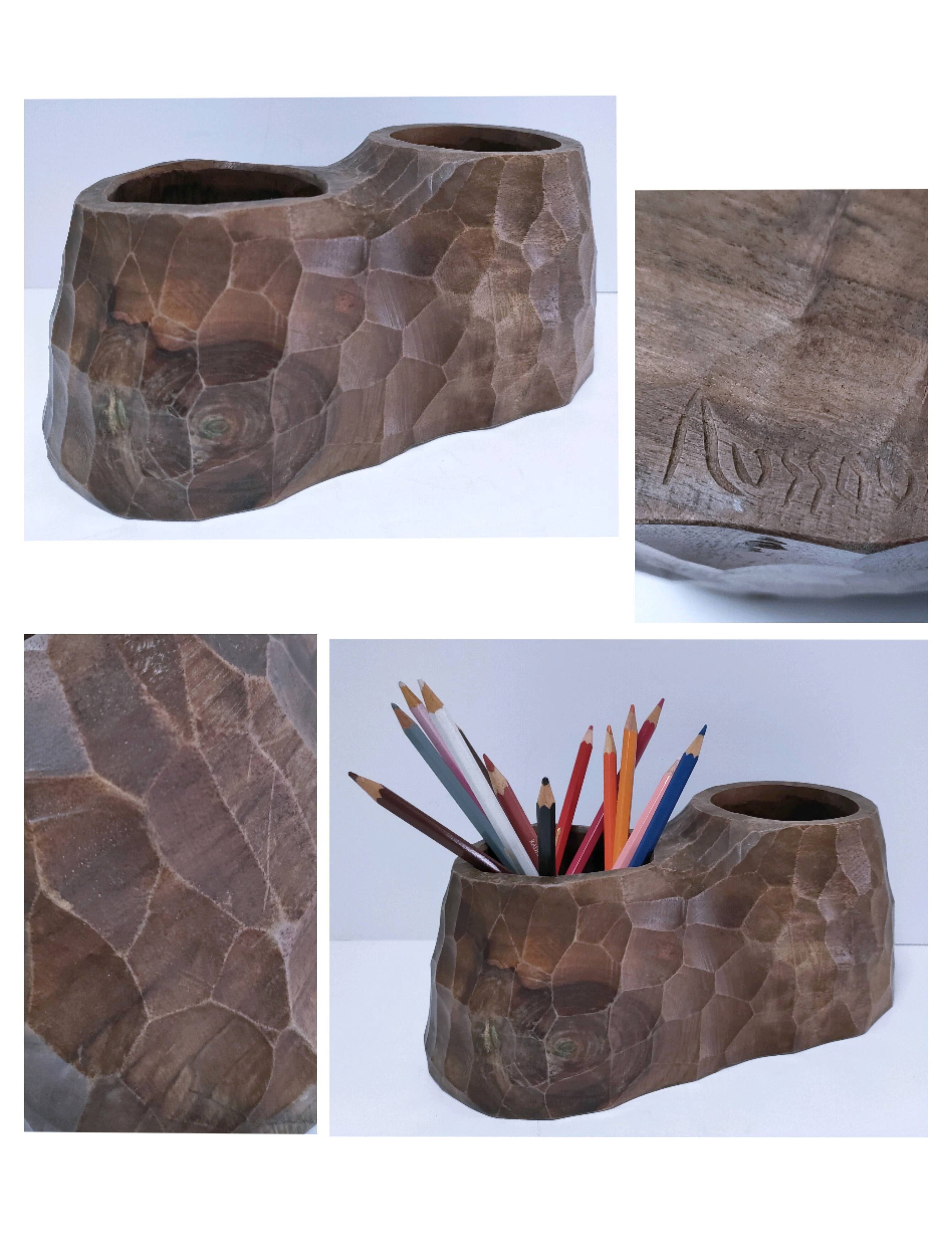 Carved solid wood pencil holder signed vintage