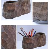 Carved solid wood pencil holder signed vintage