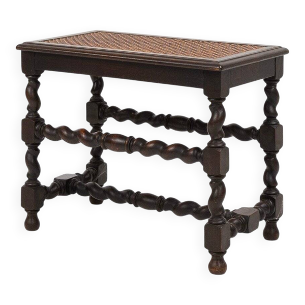 Tabouret en bois français avec dessus en rotin, années 1880
