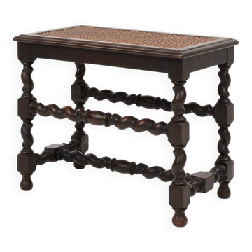 French Wooden Stool with Rattan Top, 1880s