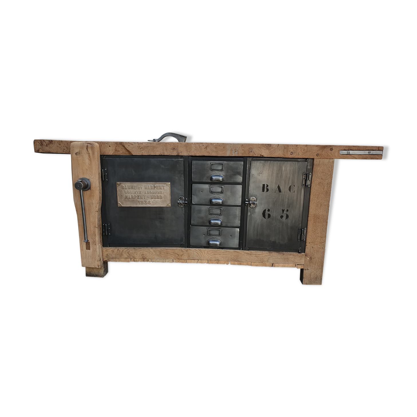 Large industrial workbench elm and metal 2 doors 4 drawers
