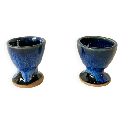 duo de coquetiers en grès / céramique bleue années 70
