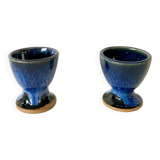 duo of egg cups in stoneware / blue ceramic from the 70s