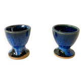 duo of egg cups in stoneware / blue ceramic from the 70s