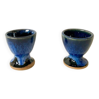 duo of egg cups in stoneware / blue ceramic from the 70s