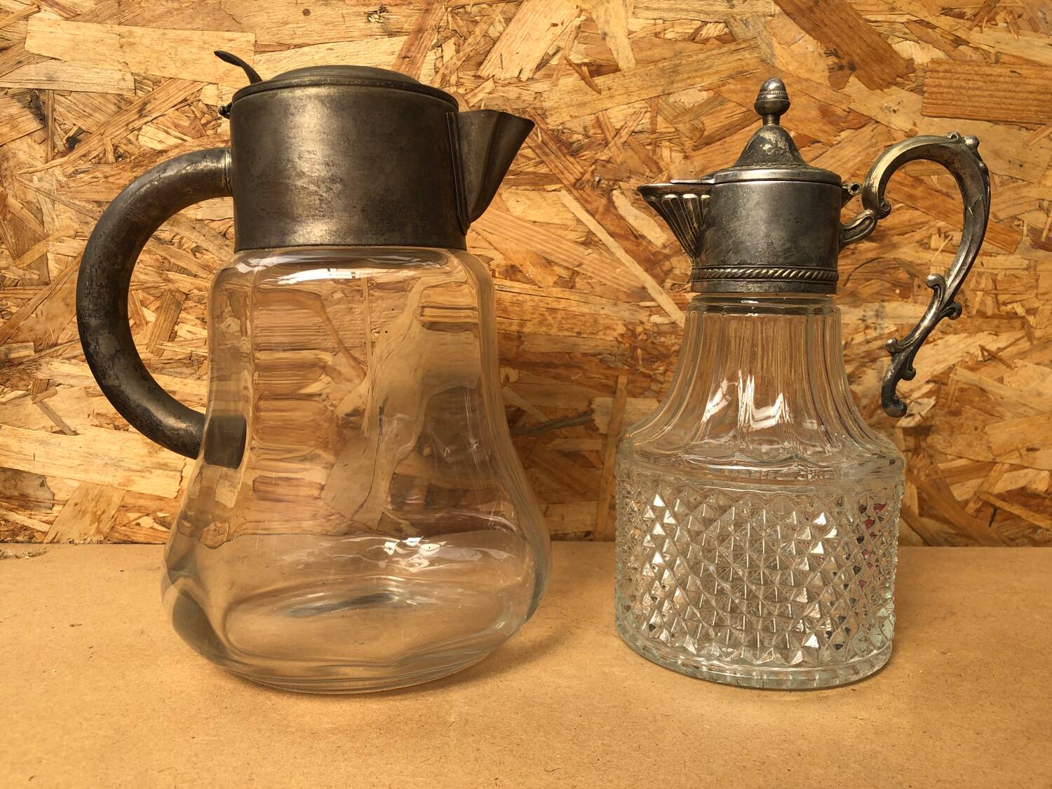 Pair of cast glass & vintage metal refresher pitcher