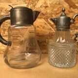 Pair of cast glass & vintage metal refresher pitcher