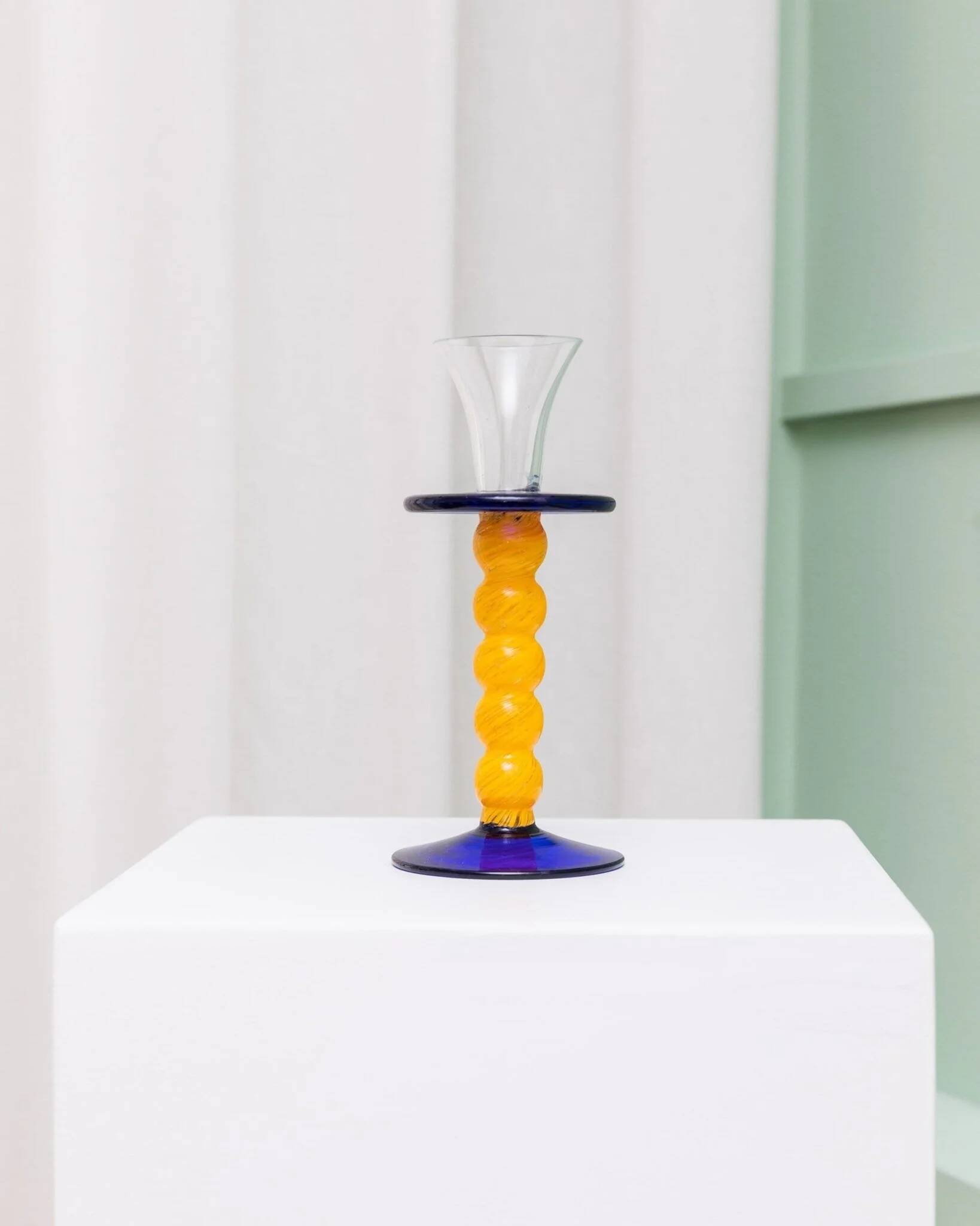 Murano Glass Candleholder - Postmodern Memphis Milano 1980s, Yellow Stem, Cobalt Base, Clear Cup