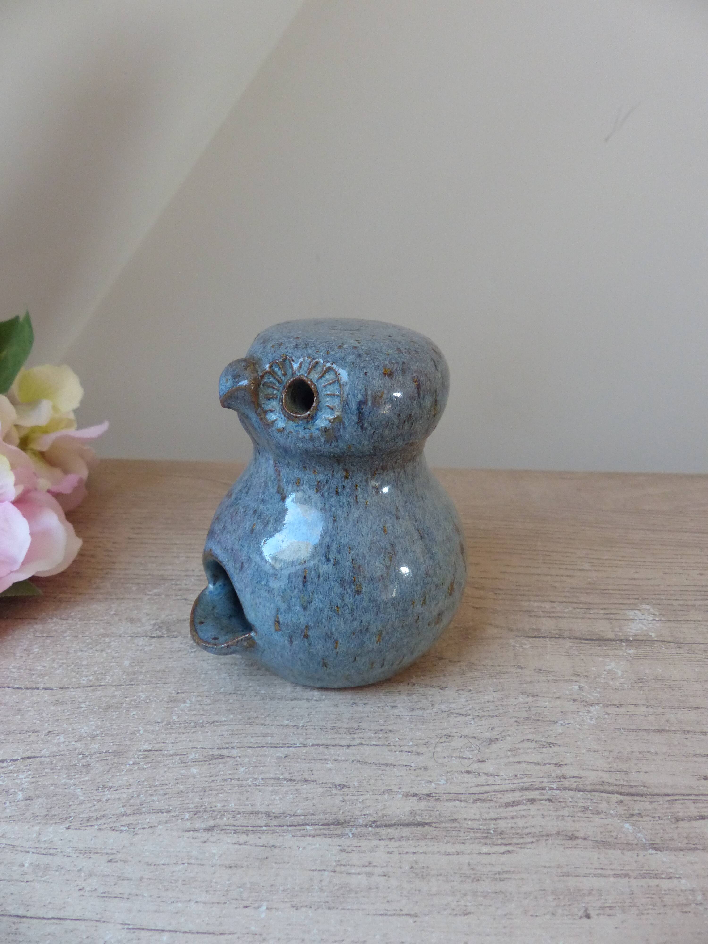 Owl figurine in blue sandstone ceramic, zoomorphic owl in vintage pottery