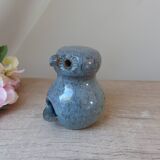 Owl figurine in blue sandstone ceramic, zoomorphic owl in vintage pottery