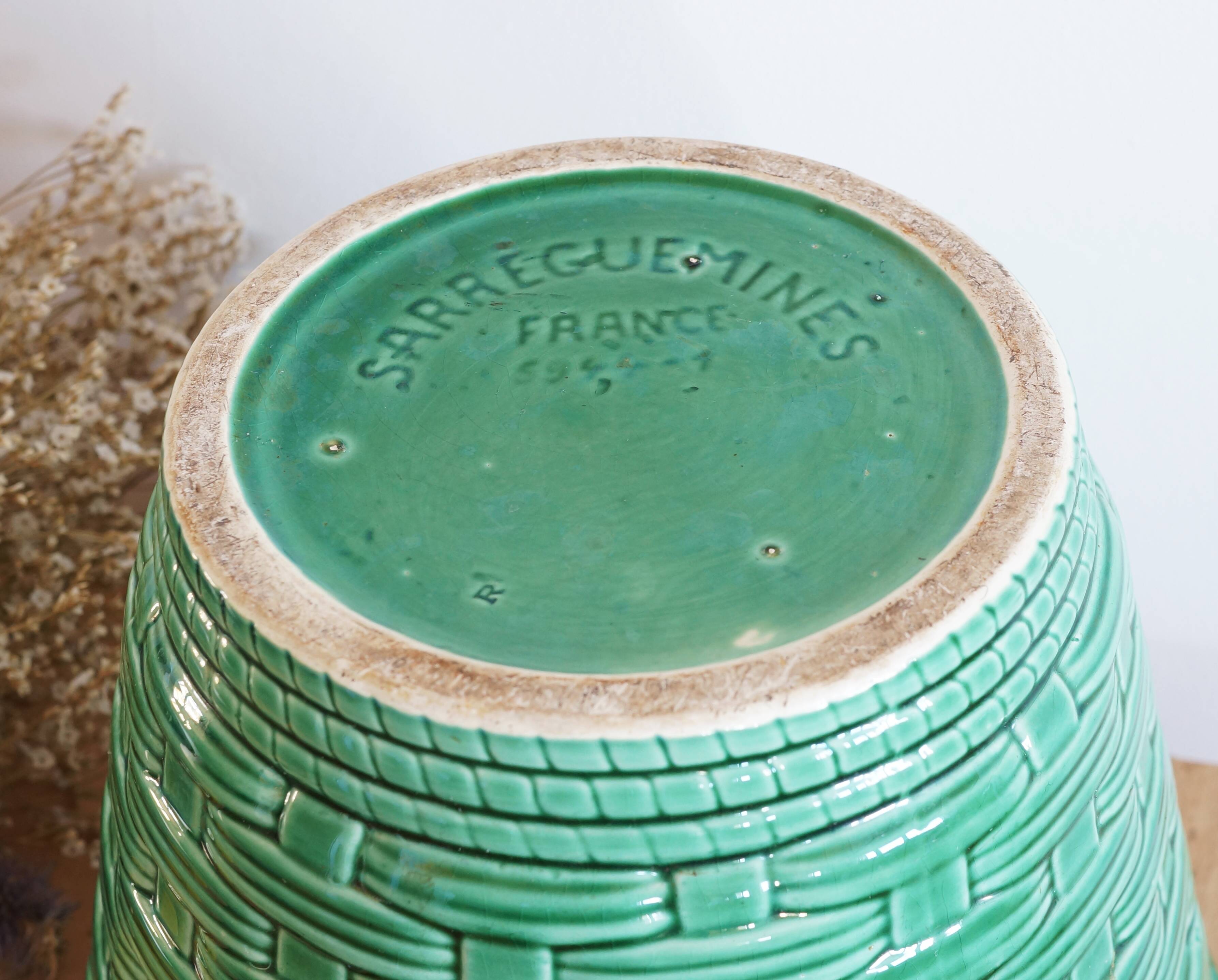 Large green Sarreguemines plant pot 1960s