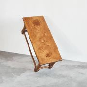 Brutalist coffee table in solid oak, metal, and patinated leather, 1940s.