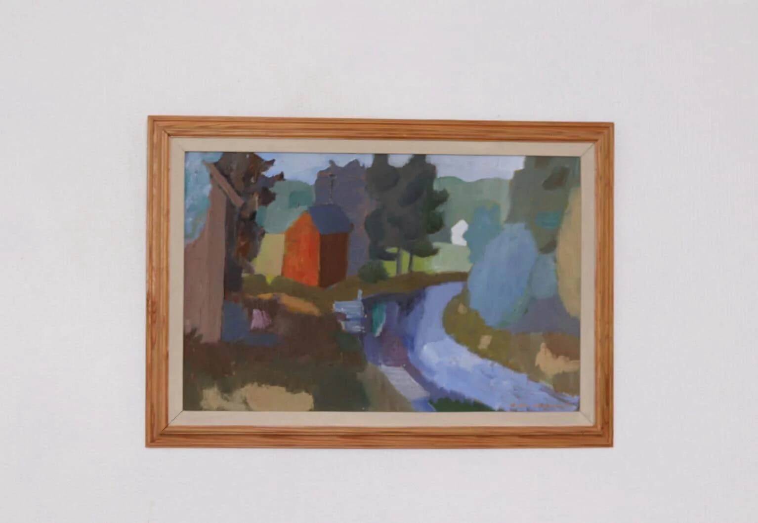 Original Swedish Oil on Panel – “House and Stream” by Pelle Nilsson, Dated