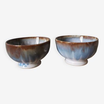 Set of 2 vintage enameled artisanal stoneware bowls signed