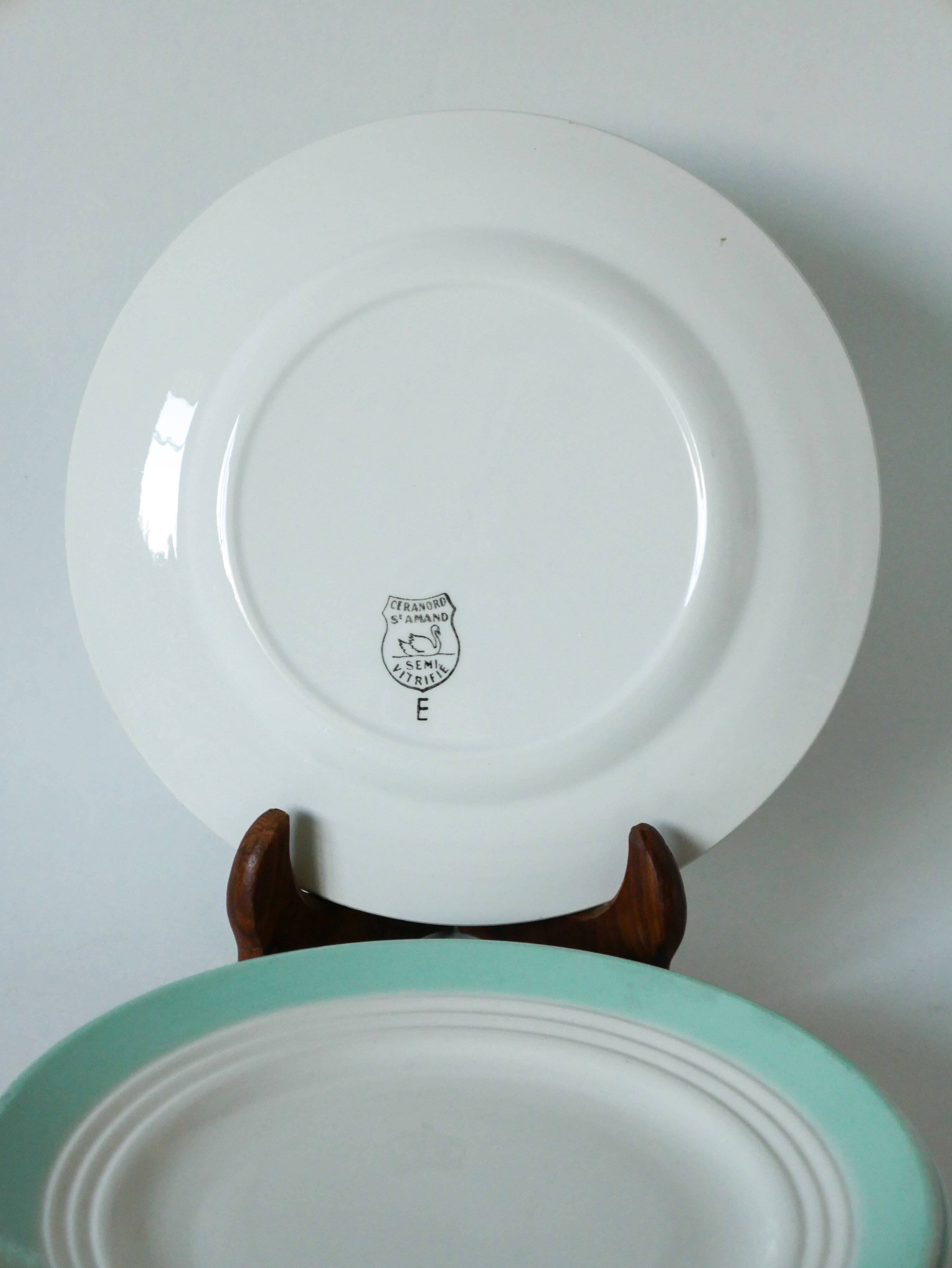 Set of 5 Saint-Smand dessert plates with mint colored edge, 1950