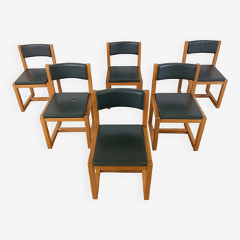 Chaises de salle à manger en chêne massif et cuir, années 1970