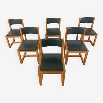 Solid oak and leather dining chairs, 1970s