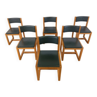 Solid oak and leather dining chairs, 1970s