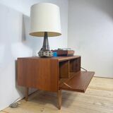 Low vintage sideboard with drop-down door – Scandinavian design 1960s, teak and elegant details